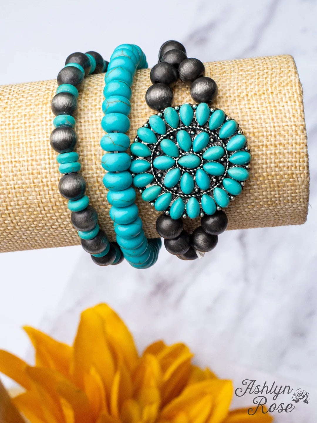 Sheโs My Rock Turquoise Squash Blossom Bracelet Set