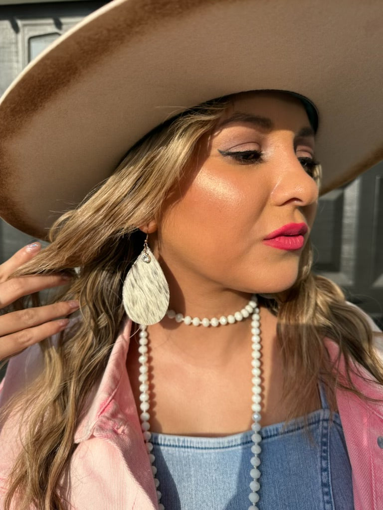 Howdy Darlin’ Cream Cowhide Teardrop Earrings