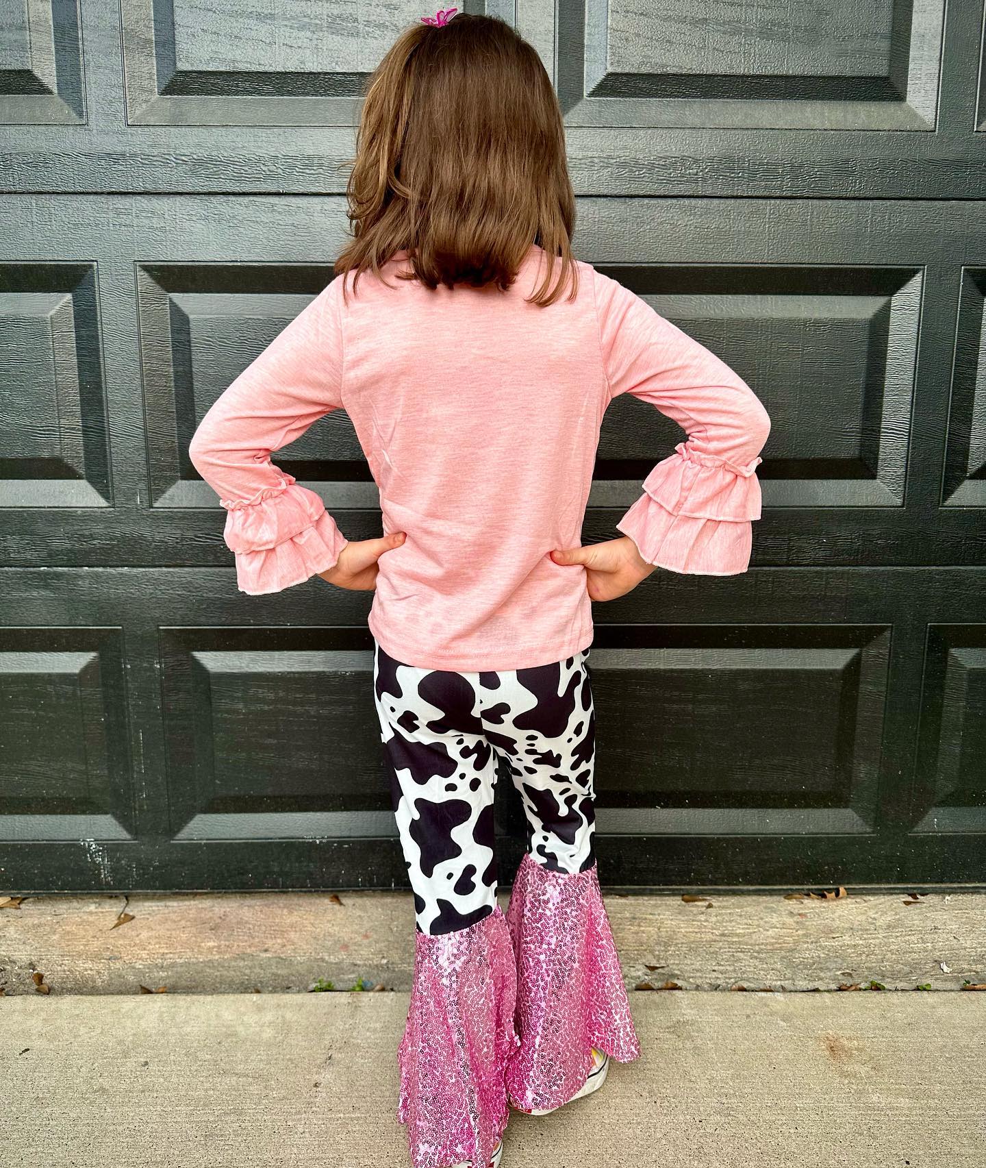 Cow Print Sequin Girl Bell Bottom Set