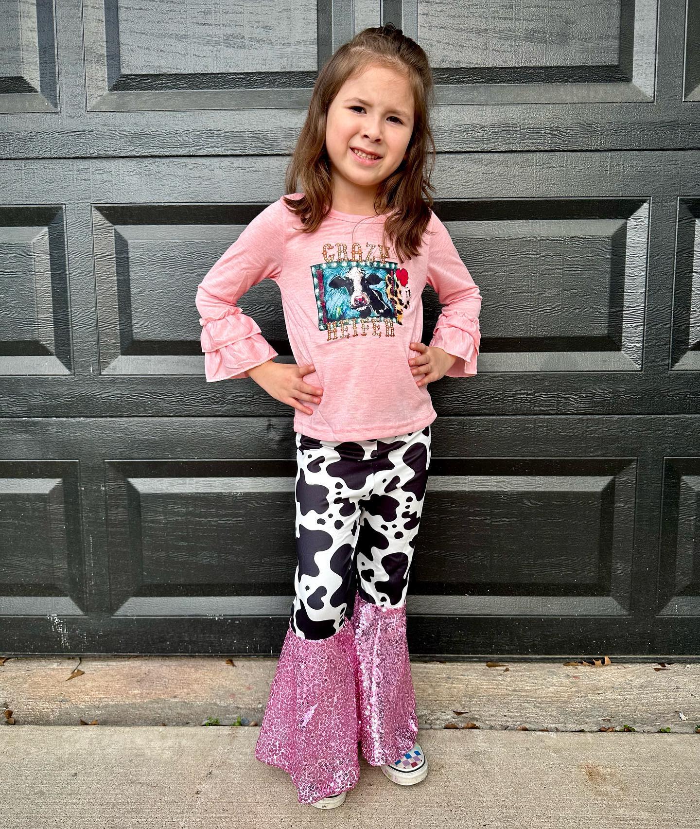 Cow Print Sequin Girl Bell Bottom Set
