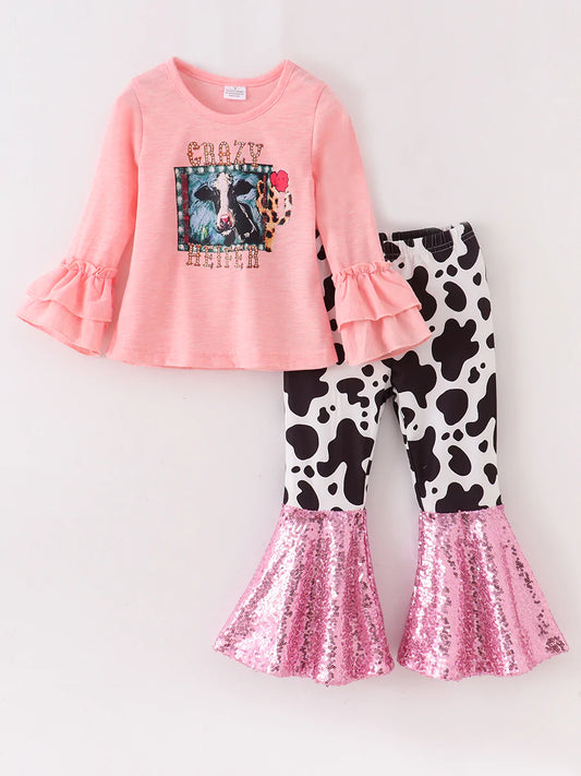 Cow Print Sequin Girl Bell Bottom Set