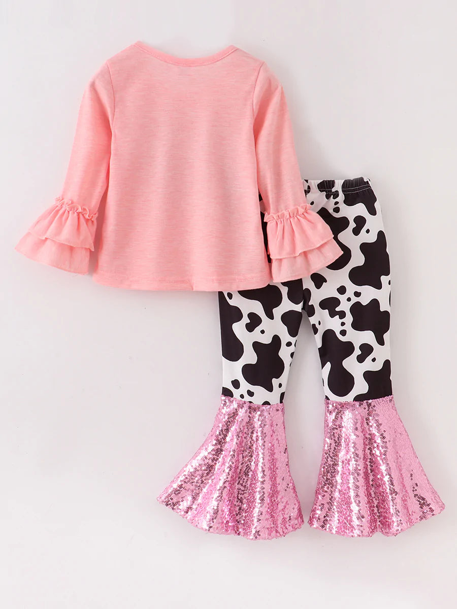 Cow Print Sequin Girl Bell Bottom Set