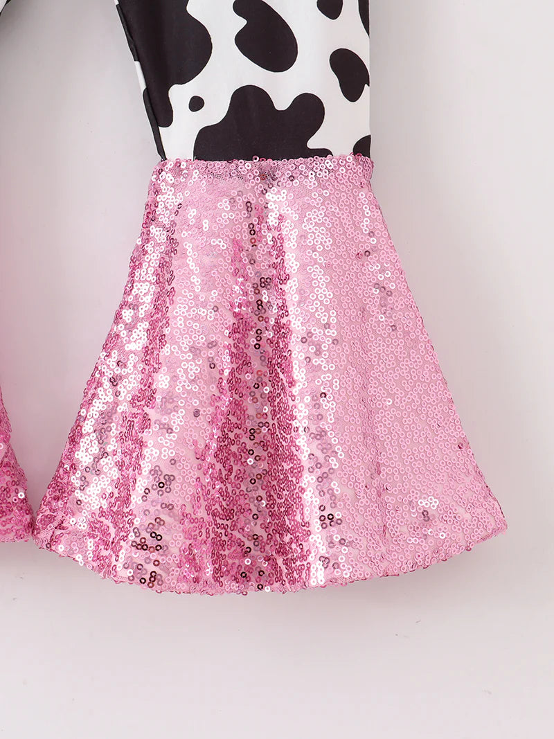 Cow Print Sequin Girl Bell Bottom Set