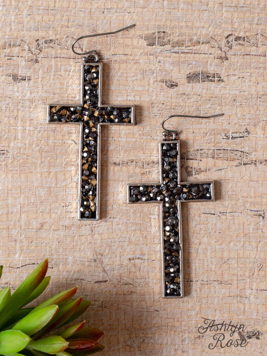 Path To Love Black Rhinestone Cross Earrings